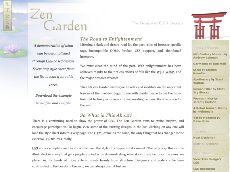 Screenshot of CSS Zen Garden's first theme.