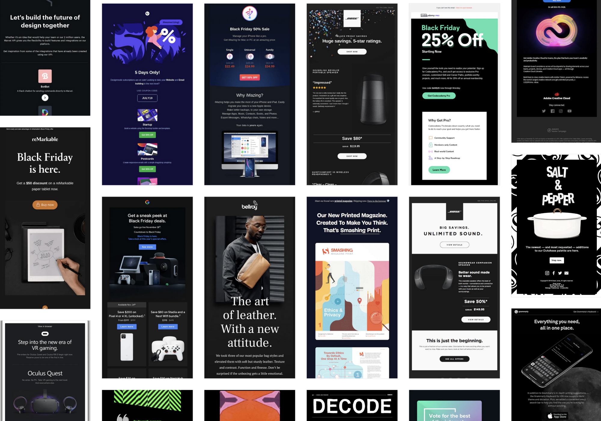 A screenshot from ReallyGoodEmails.com with a bunch of email previews of email designs with a dark color scheme.