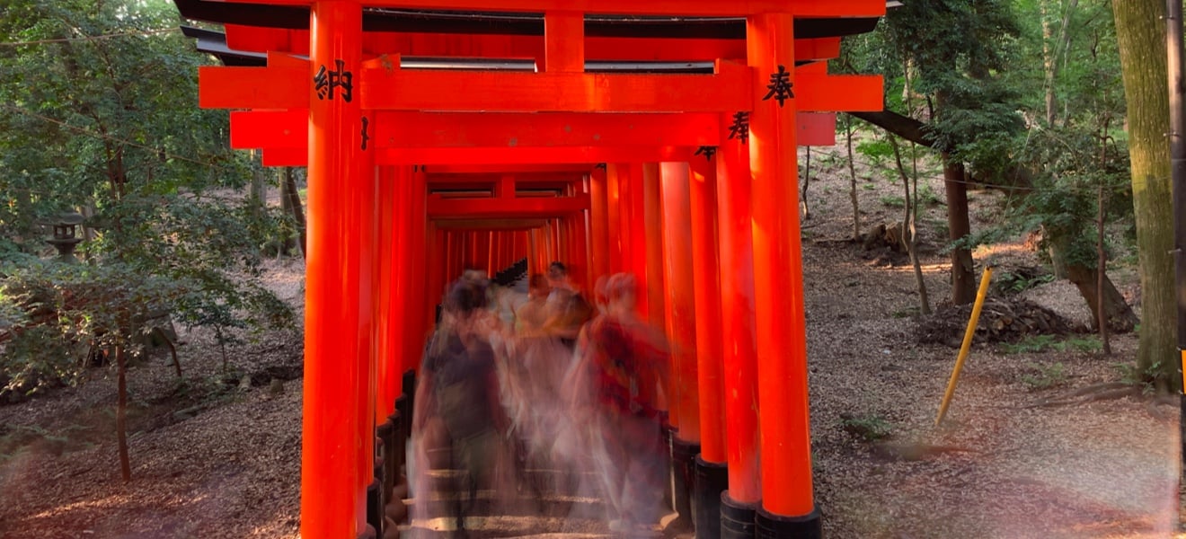 Time lapse of people walking through a gate somewhere in Asia.