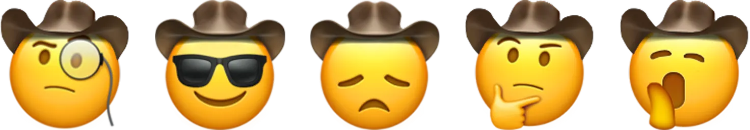 A series of smiley face emojis with various expressions, all wearing a cowboy hat.