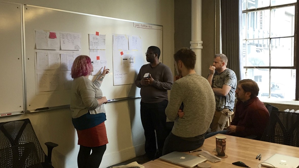 Designers huddled around a whiteboard.