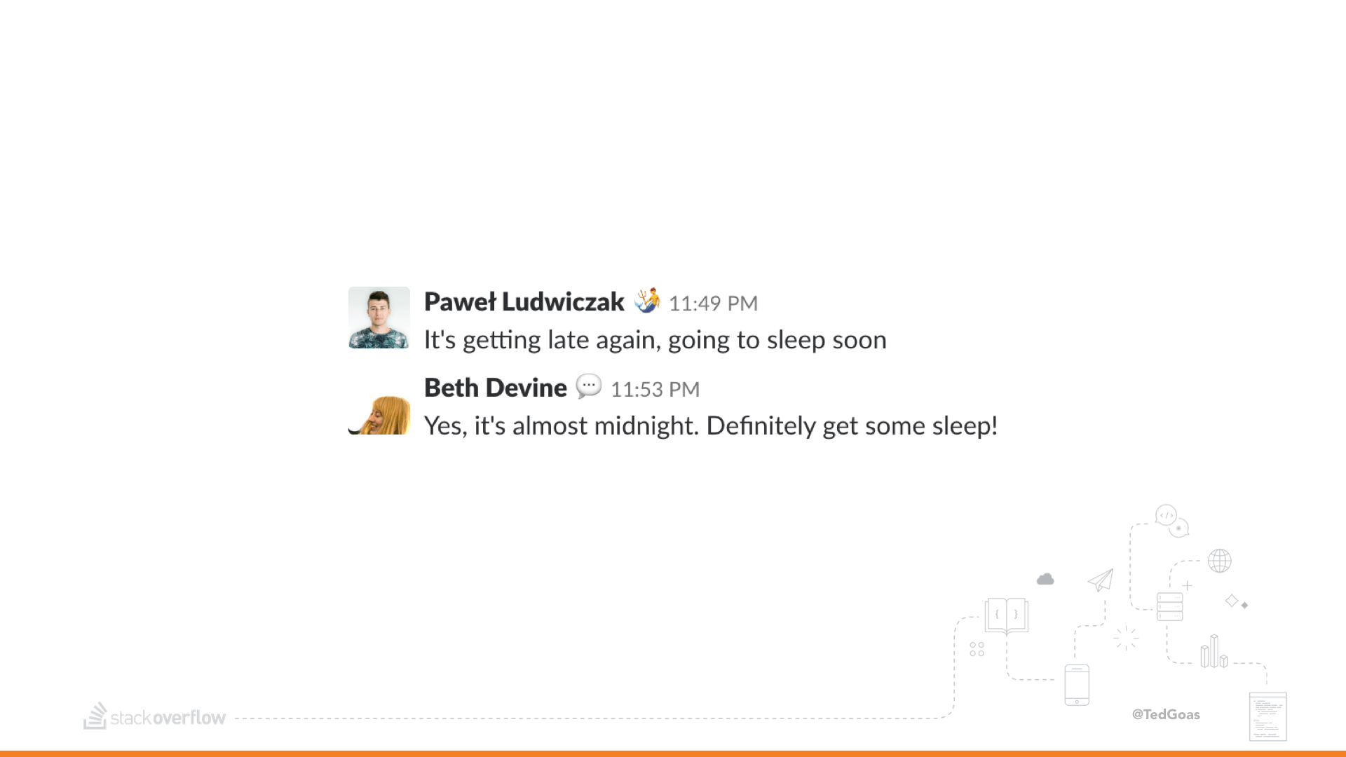 Screenshot of Slack messages with someone working too late.