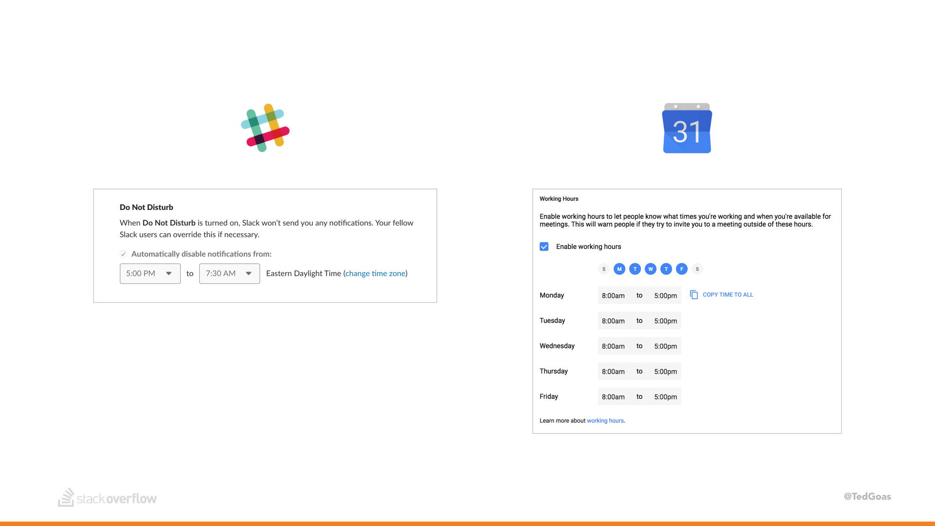 Setting working hours in Slack and Google Calendar.