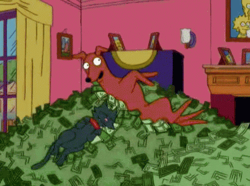 Simpsons dog and cat rolling around on pile of money.