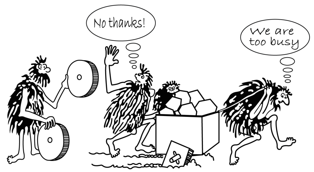 Cartoon of caveman selling a wheel.
