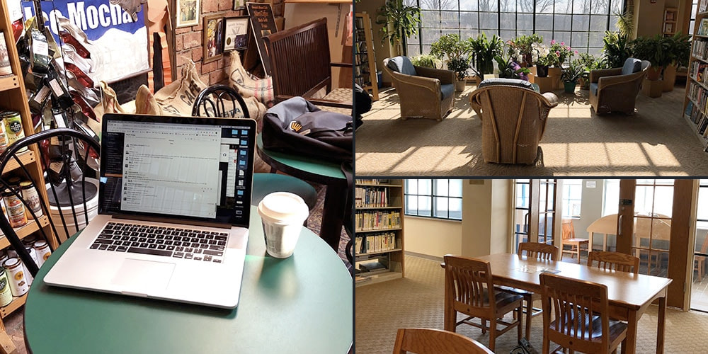 table at my coffee shop and two areas of the library.