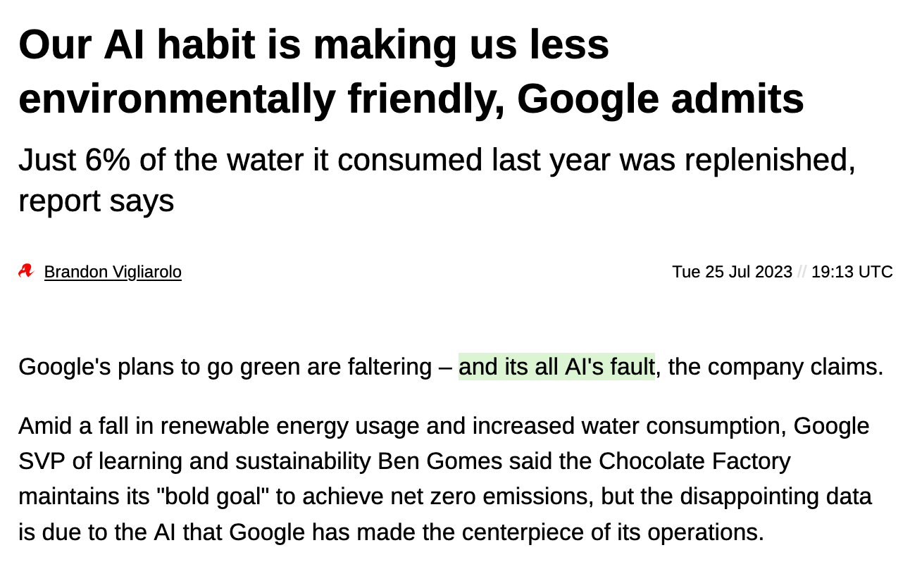A screenshot of an article titled 'Our AI habit is making us less environmentally friendly, Google admits'.